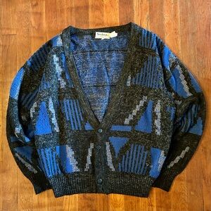 Vintage Santana Grandpa Preppy ‘80s Multicolor Geometric Cardigan Sweater M